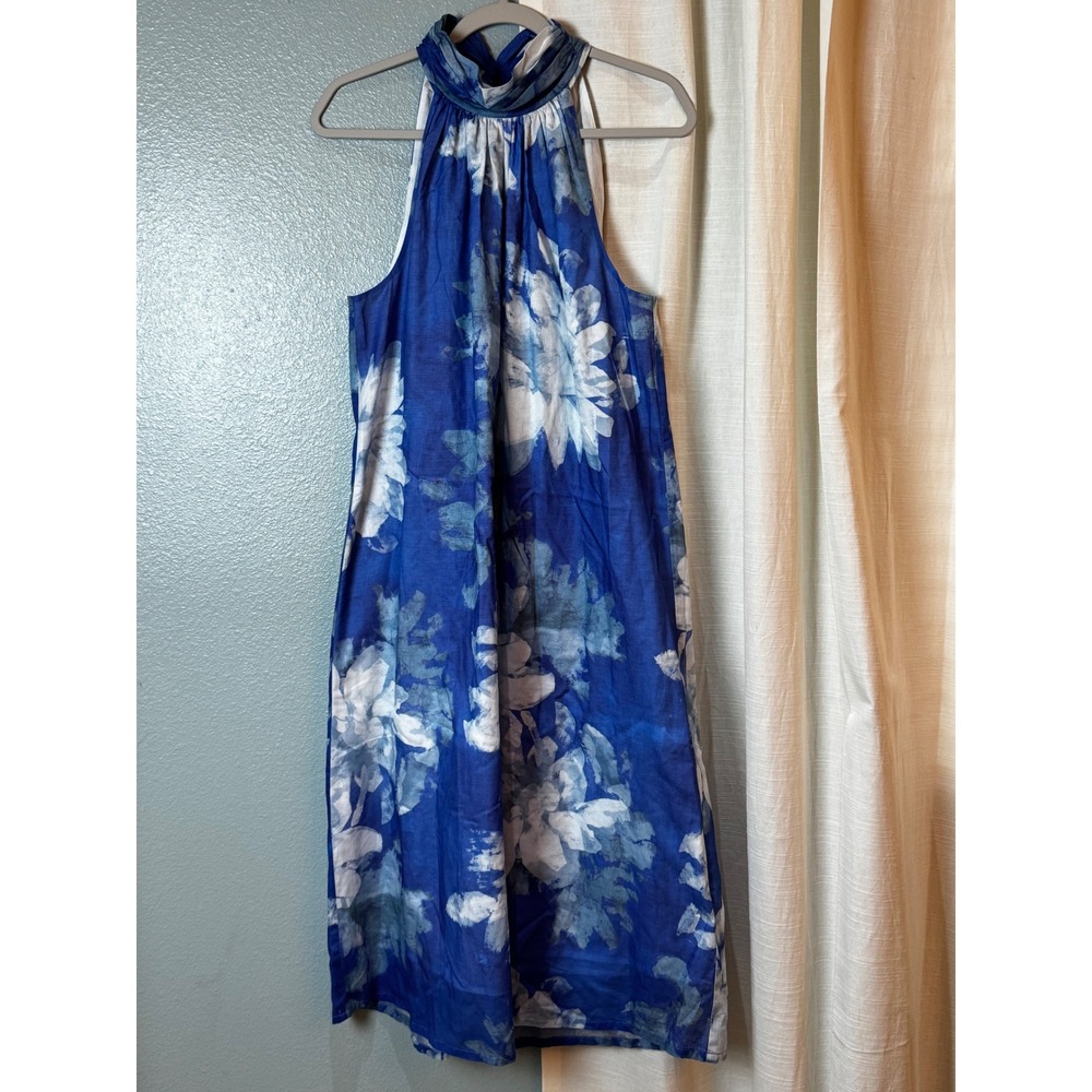 Sara Campbell Dress Womens Large Blue Floral Halter Midi Shift Made in USA